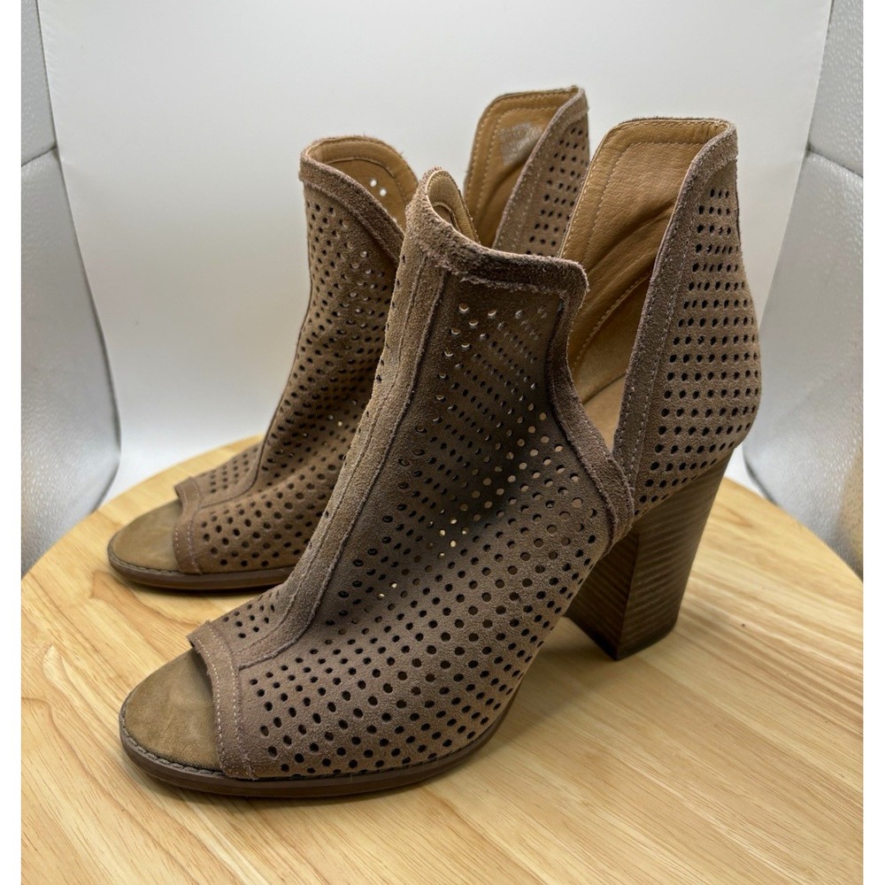 Lucky Brand Brown Suede Ankle Bootie Perforated Open Toe Pull On Women’s 9.5M